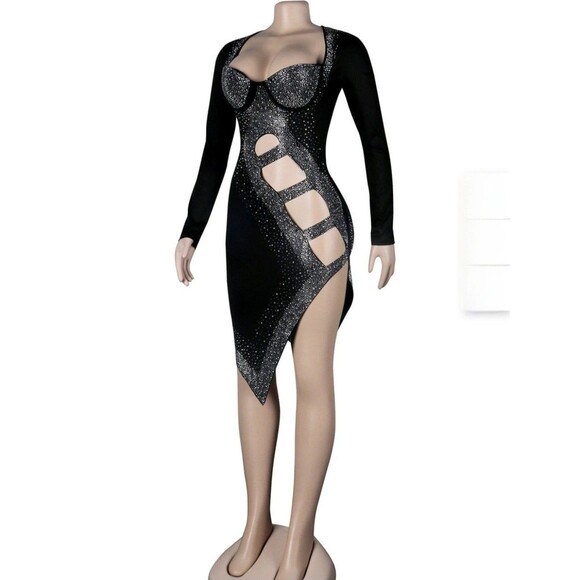 Deja Vu Dress Size M Long Sleeve Sheer Cutout Formal Dress Black High Slit Gems - Picture 13 of 13